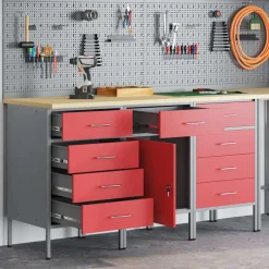 vidaXL Werk kast met lade 3 st Rood en Grijs 150 x 55 x 85 cm