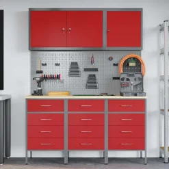 vidaXL Werk kast met lade 8 st Rood en Grijs Engineered hout en staal