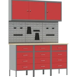 vidaXL Werk kast met lade 8 st Rood en Grijs Engineered hout en staal