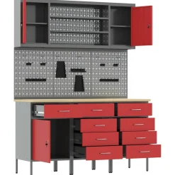 vidaXL Werk kast met lade 7 st Rood en Grijs Engineered hout en staal
