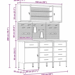 vidaXL Werk kast met lade 7 st Rood en Grijs Engineered hout en staal