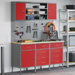 vidaXL Werk kast met lade 7 st Rood en Grijs Engineered hout en staal