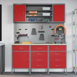 vidaXL Werk kast met lade 7 st Rood en Grijs Engineered hout en staal