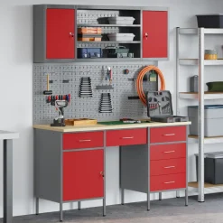 vidaXL Werk kast met lade 7 st Rood Engineered hout en staal