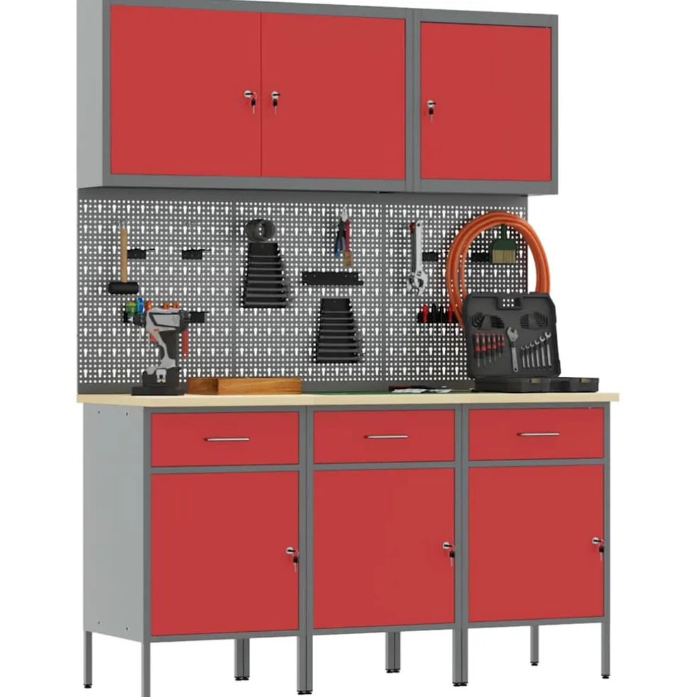 vidaXL Werk kast met lade 8 st Rood en Grijs Engineered hout en staal