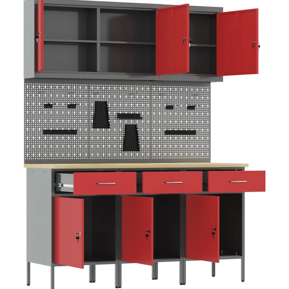 vidaXL Werk kast met lade 8 st Rood en Grijs Engineered hout en staal