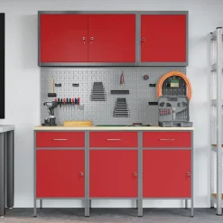 vidaXL Werk kast met lade 8 st Rood en Grijs Engineered hout en staal