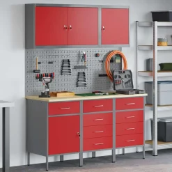 vidaXL Werk kast met lade 8 st Rood en Grijs Engineered hout en staal