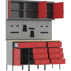 vidaXL Werk kast met lade 8 st Rood en Grijs Engineered hout en staal