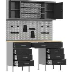vidaXL Werk kast met lade 7 st Zwart Engineered hout en staal