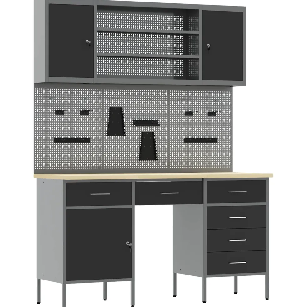 vidaXL Werk kast met lade 7 st Zwart Engineered hout en staal