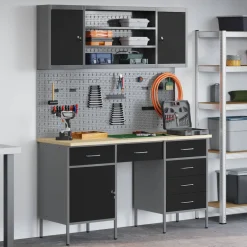 vidaXL Werk kast met lade 7 st Zwart Engineered hout en staal