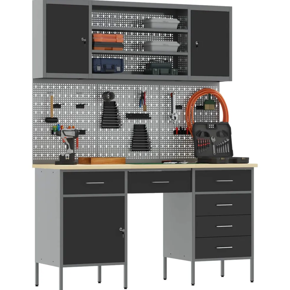 vidaXL Werk kast met lade 7 st Zwart Engineered hout en staal