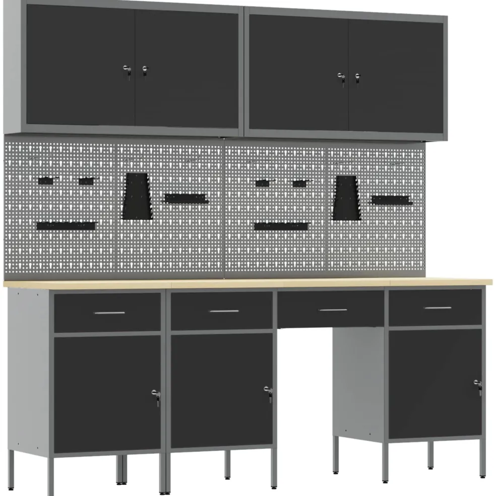 vidaXL Werk kast met lade 10 st Zwart Engineered hout en staal