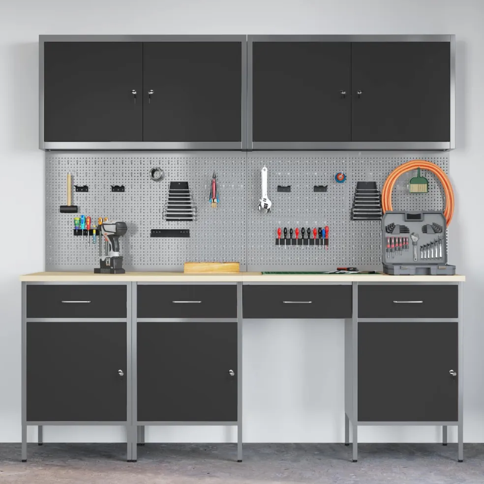 vidaXL Werk kast met lade 10 st Zwart Engineered hout en staal