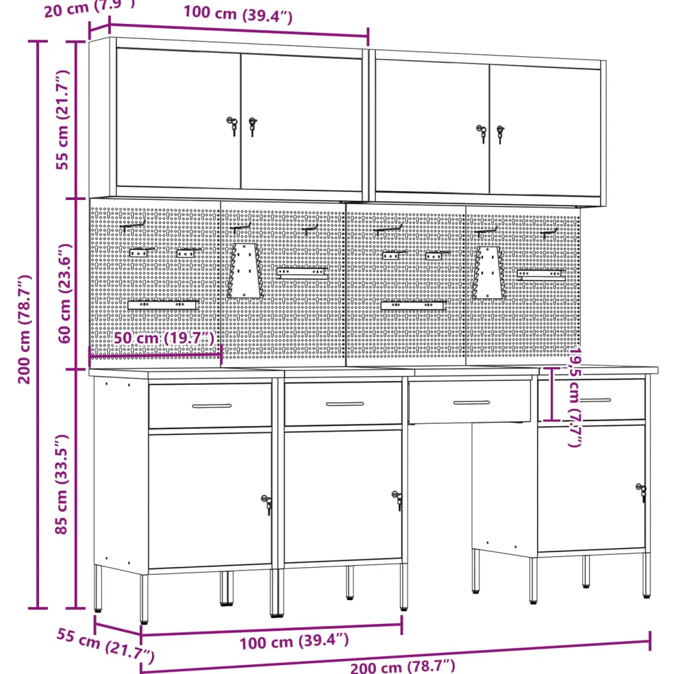 vidaXL Werk kast met lade 10 st Zwart Engineered hout en staal