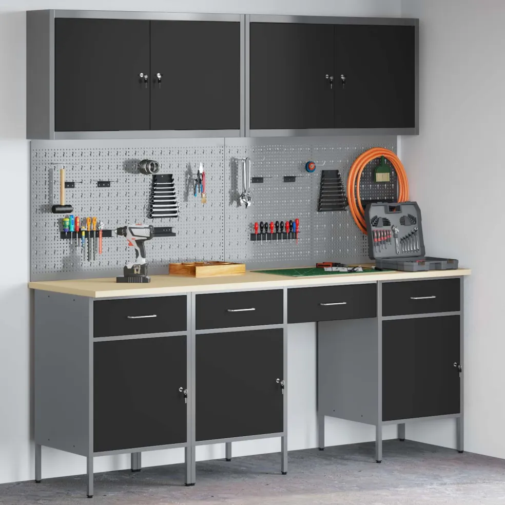 vidaXL Werk kast met lade 10 st Zwart Engineered hout en staal