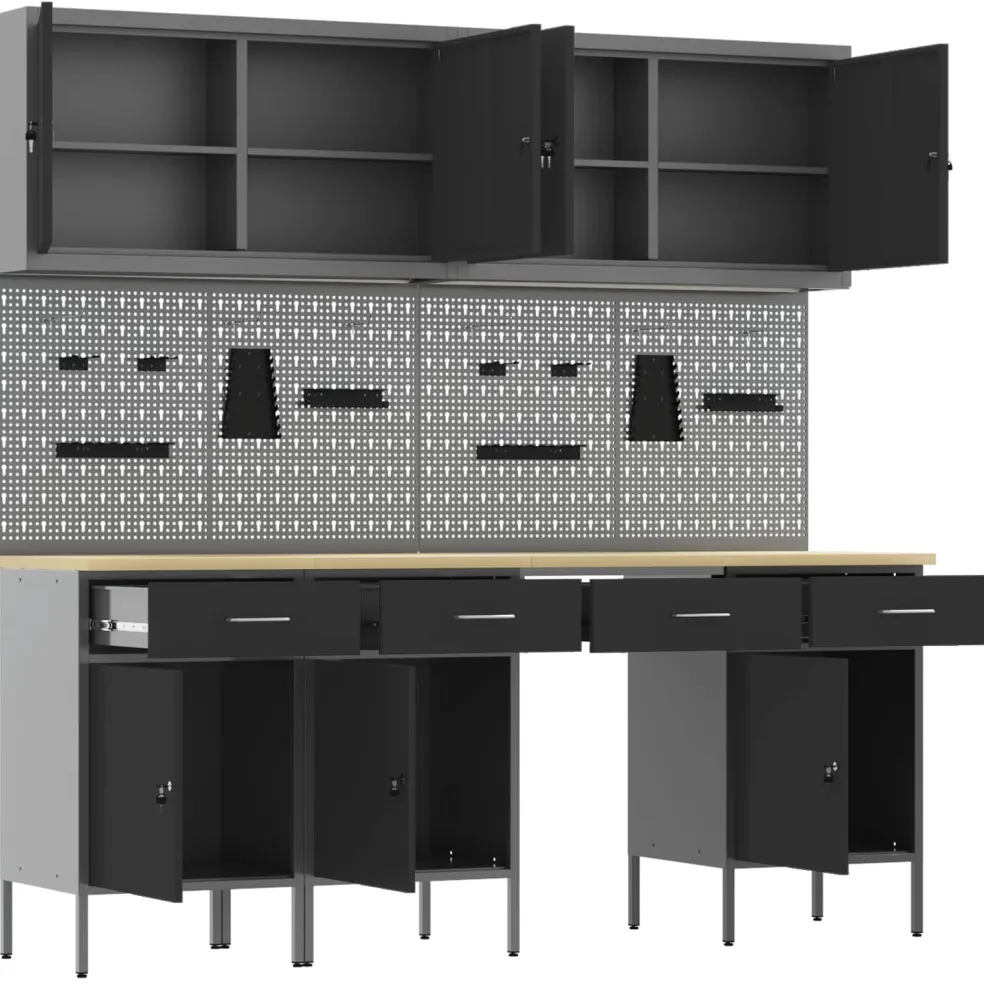 vidaXL Werk kast met lade 10 st Zwart Engineered hout en staal