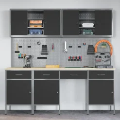 vidaXL Werk kast met lade 10 st Zwart Engineered hout en staal