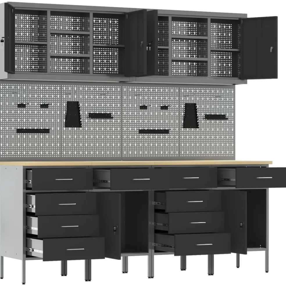 vidaXL Werk kast met lade 10 st Zwart Engineered hout en staal