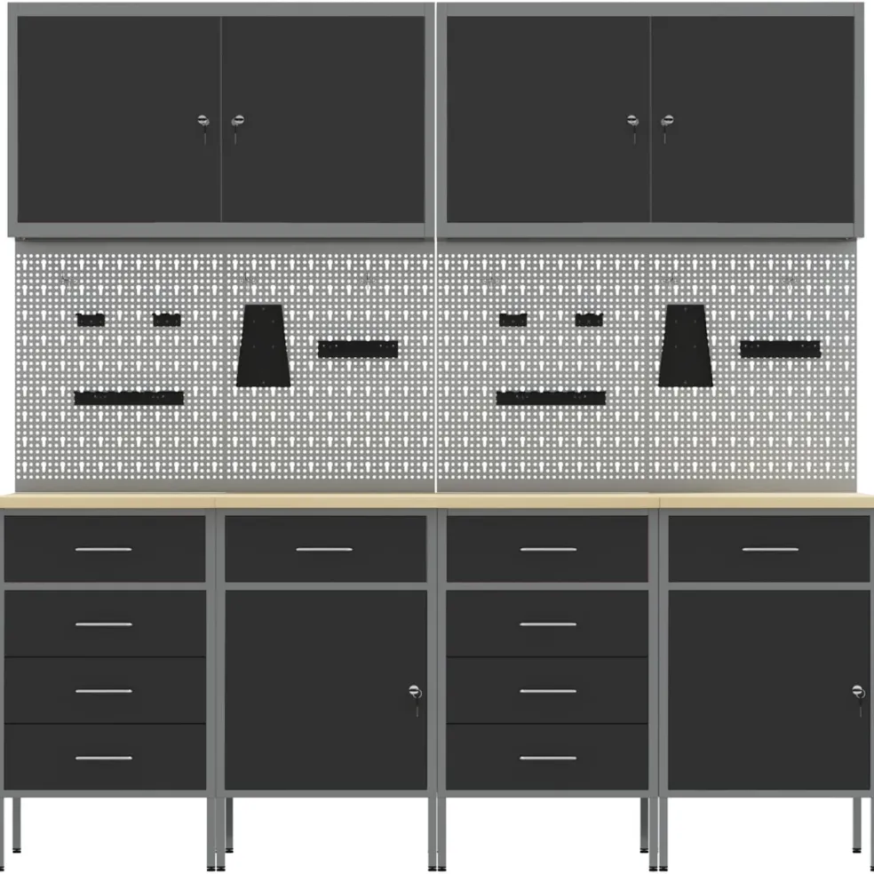 vidaXL Werk kast met lade 10 st Zwart Engineered hout en staal