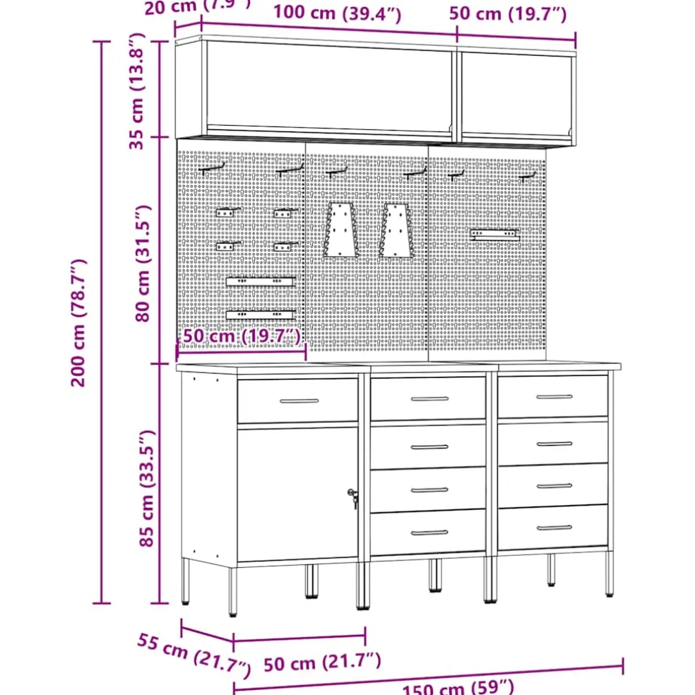 vidaXL Werkkast set met lade met opslag met slot 8 st Zwart