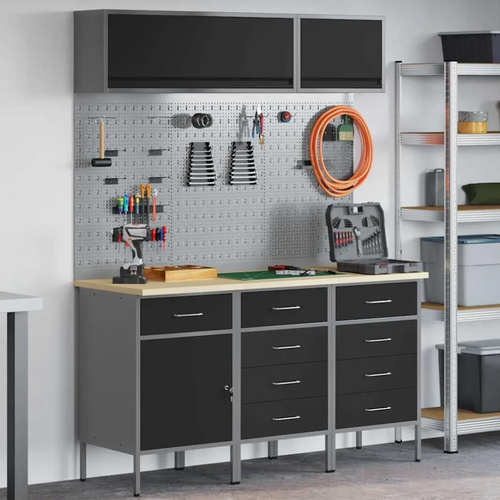 vidaXL Werkkast set met lade met opslag met slot 8 st Zwart