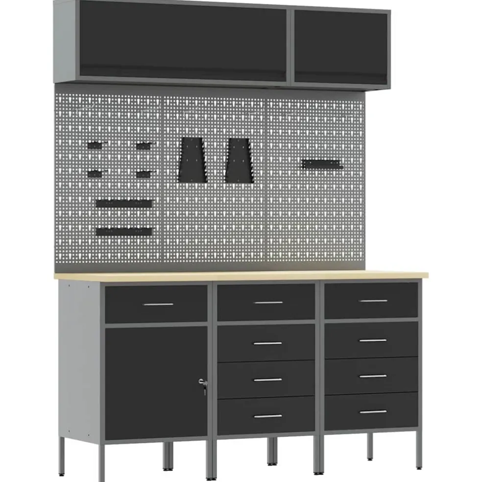 vidaXL Werkkast set met lade met opslag met slot 8 st Zwart