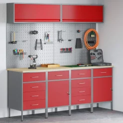 vidaXL Werkkast set 10 st Rood Poedergecoat staal en gefabriceerd hout