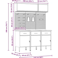 vidaXL Werkkast set 8 st Rood Poedergecoat staal en gefabriceerd hout