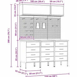 vidaXL Werkkast set 8 st Rood Poedergecoat staal en gefabriceerd hout
