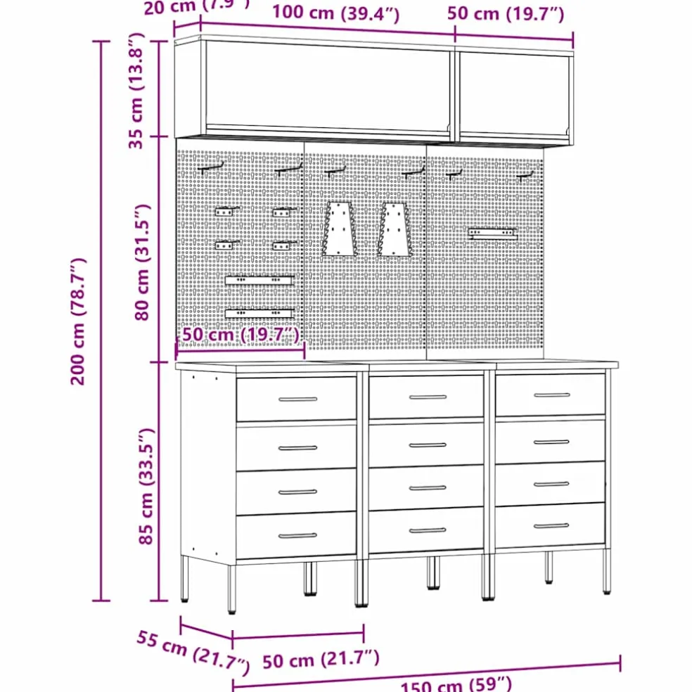 vidaXL Werkkast set 8 st Rood Poedergecoat staal en gefabriceerd hout